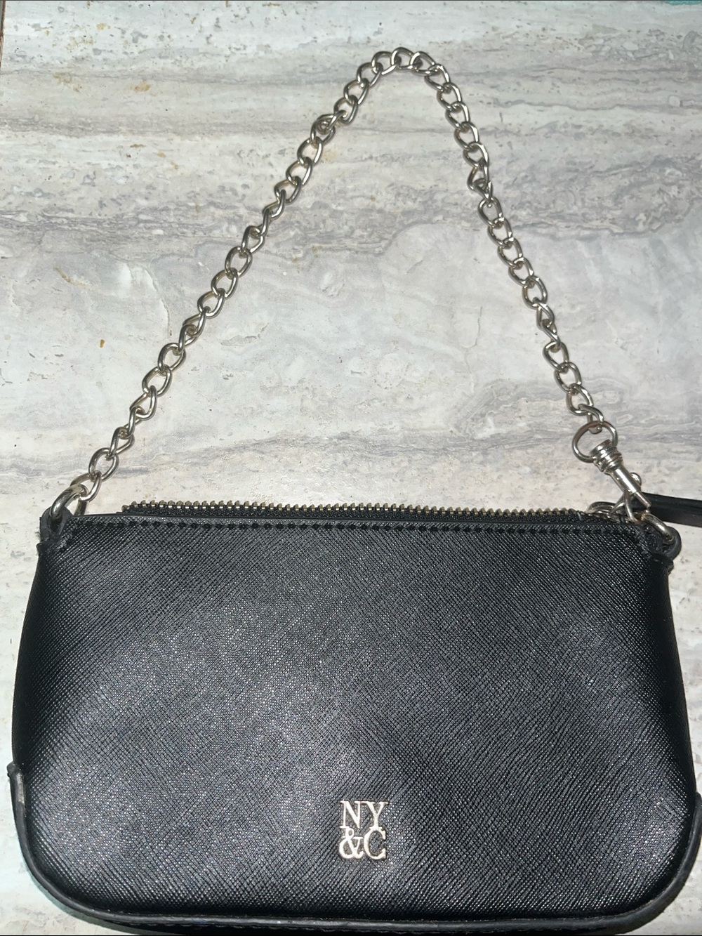 New York & Company Black Saffiano Wristlet with Silver Chain